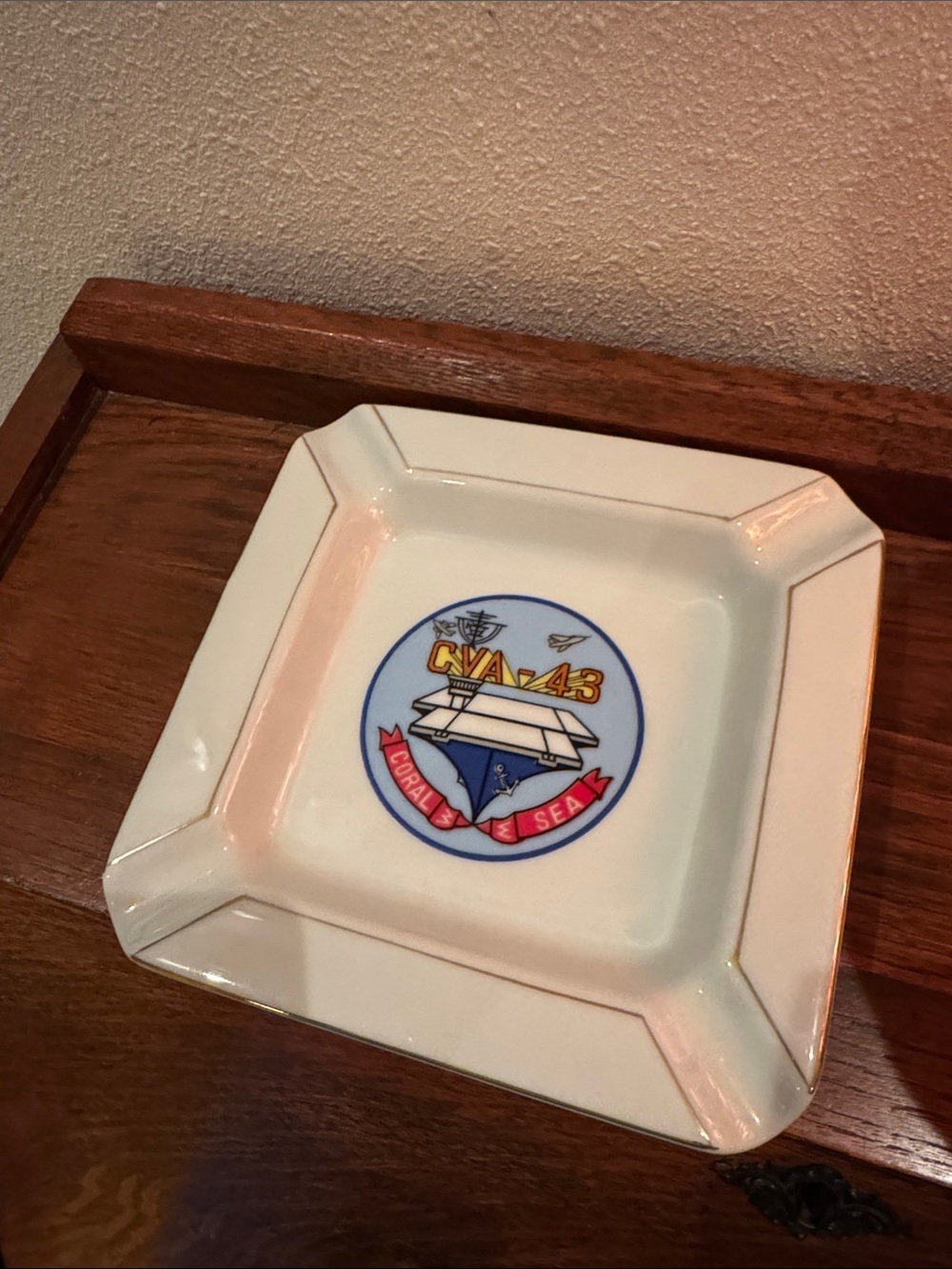 Porcelain US Navy Aircraft Carrier CVA-43 Coral Sea Military Collectible Ashtray